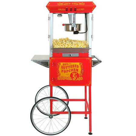 Full Size Carnival Style 8 oz Popcorn Maker Machine with Cart, Red and Silver