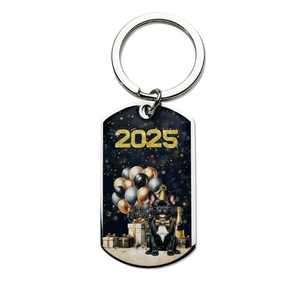 Happy New Year French Bulldog Welcome 2025 Balloon Firework Party Stainless Steel Keychain Dog Lover Gifts Collar Charm Tag Keyring - 01014