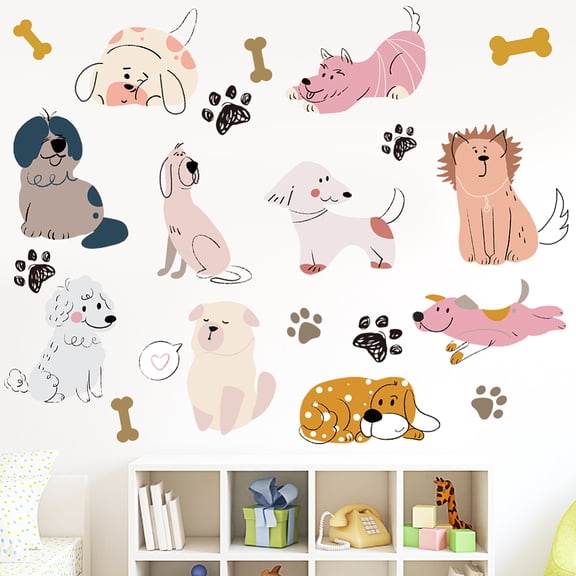 Cartoon Dogs Wall Stickers Puppy and Bones Wall Decal Room Peel and Stick Art Sticker DIY Animals Colorful Vinyl Mural