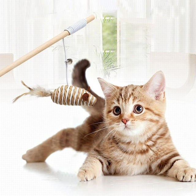Feltree Interactive Cat Teaser Wand with Wooden Handle, Elastic Rope, Feathers & Bells for Indoor Play and Pet Exercise