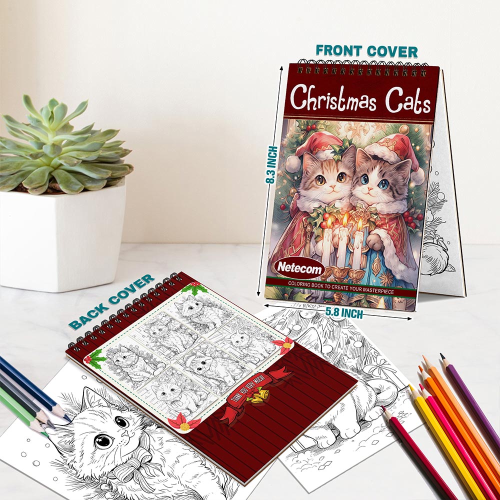 Netecom Christmas Cats Coloring Book Spiral Bound For Adults, A5 Wooden Cover, 30 Cute Coloring Pages of Adorable Cats for Stress Relief and Relaxation