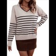 thumbnail image 3 of Suéter de Punto para Mujer, Informal, con Cuello en V, Estampado A Rayas, Holgado, de Larga Albaricoque XL, 3 of 10