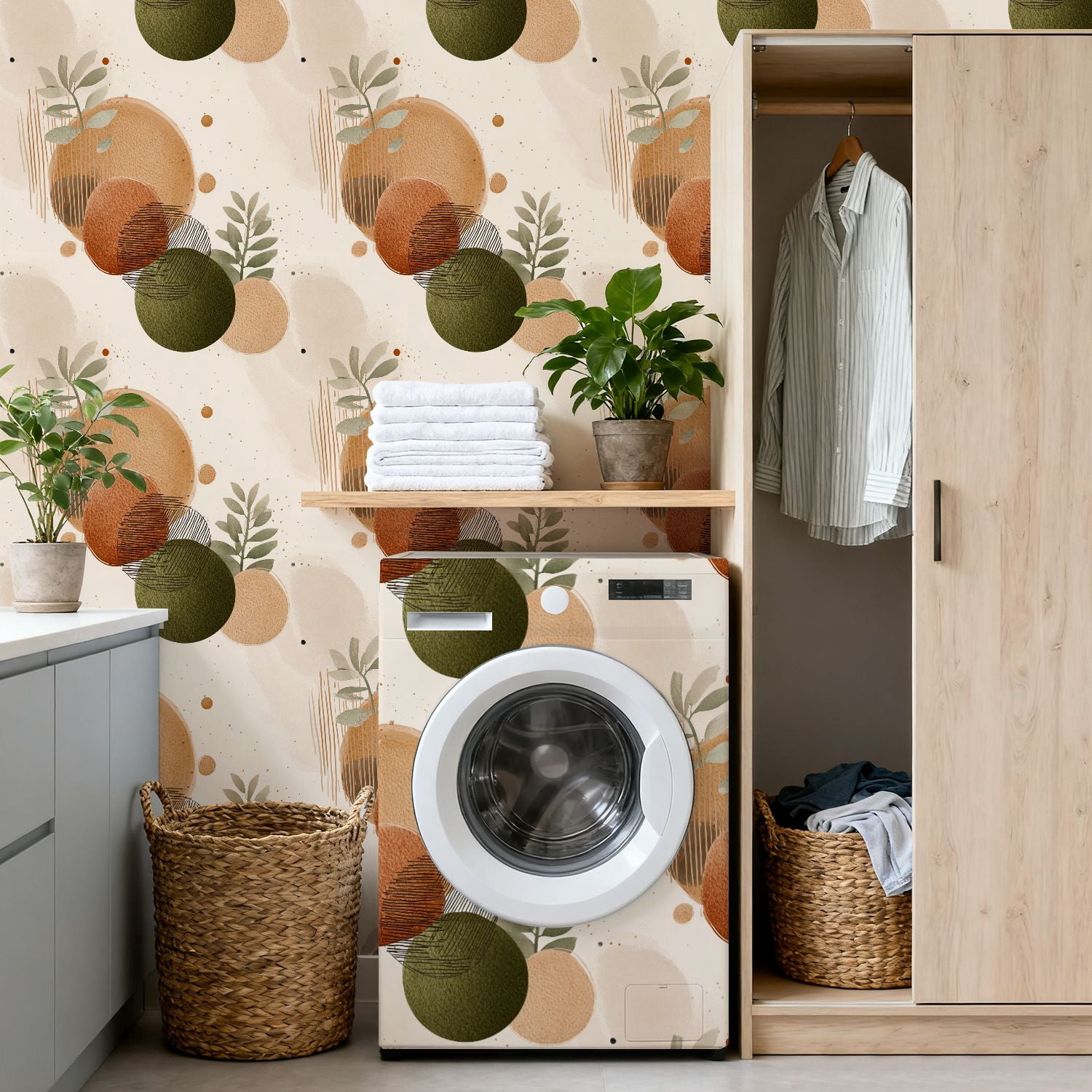 Peel and Stick Wallpaper Abstract boho Earthy Tones Botanical Elements Wall Mural 17.7in x 9.8ft Self Adhesive Removable Wall Paper Renter Friendly Wallpaper for Bedroom Kitchen Bathroom