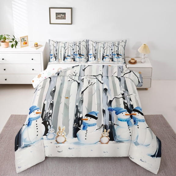 Castle Fairy Teens Snowman Rabbit 2pcs Bedding Comforter Set,Merry Christmas Twin Comforter Sets,Tree Branches Breathable Bedding Set,Microfiber Bedroom Decor