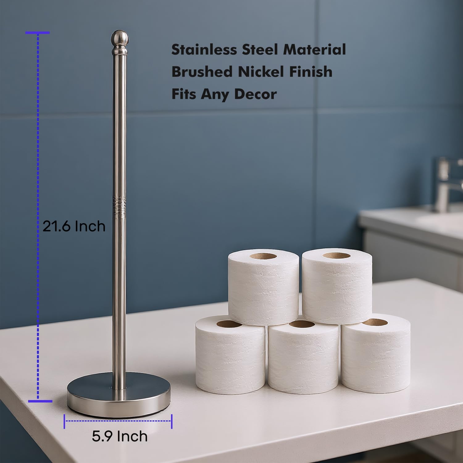 Toilet Paper Holder Stand Holding Up to 5 Paper Rolls, Free-Standing Spare Rolls Storage Holder, Stainless Steel (Brushed Nickel)