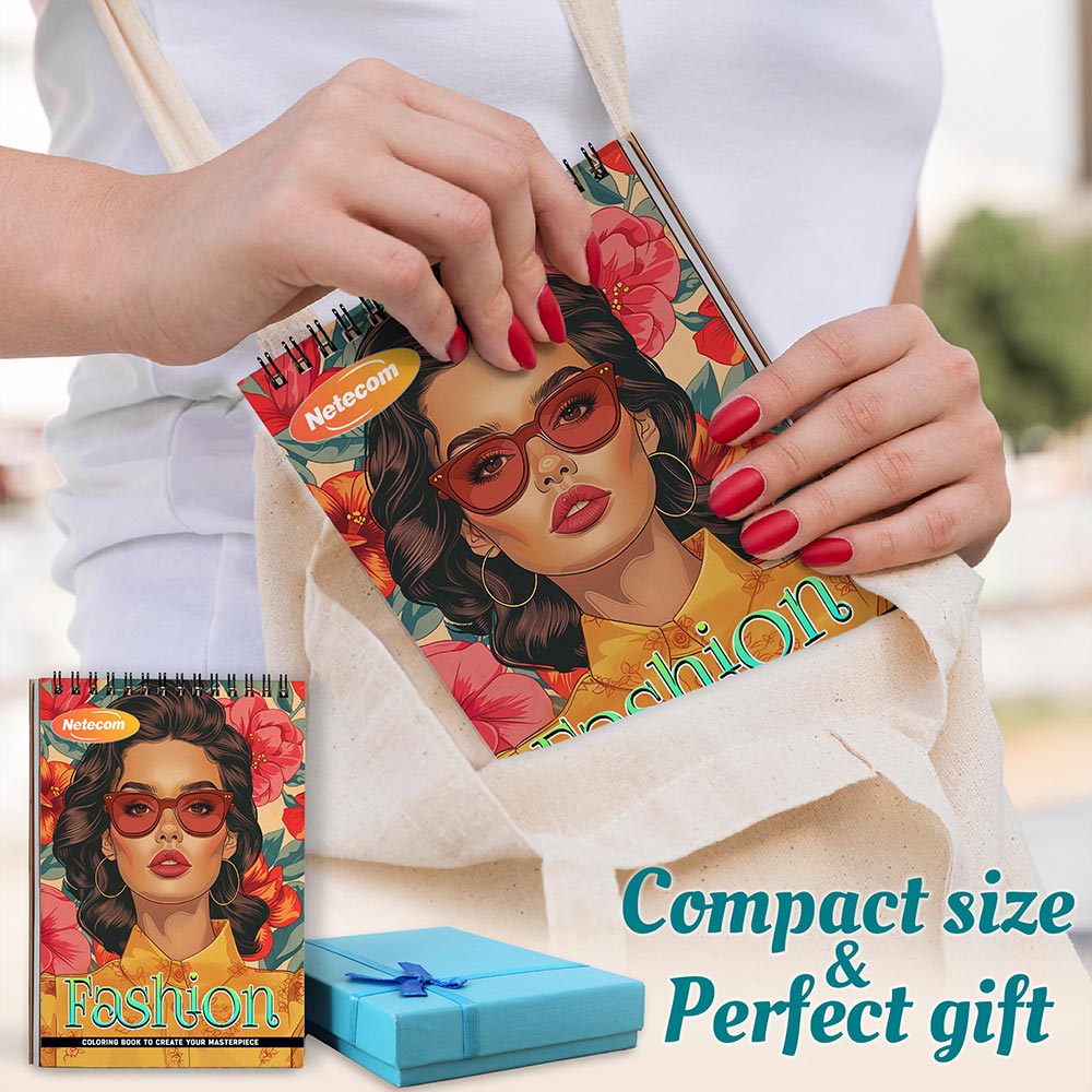 Netecom Fashion Coloring Book Spiral Bound For Adults, A5 Wooden Cover, 30 Elegant Coloring Pages of High-End Fashion for Stress Relief and Relaxation