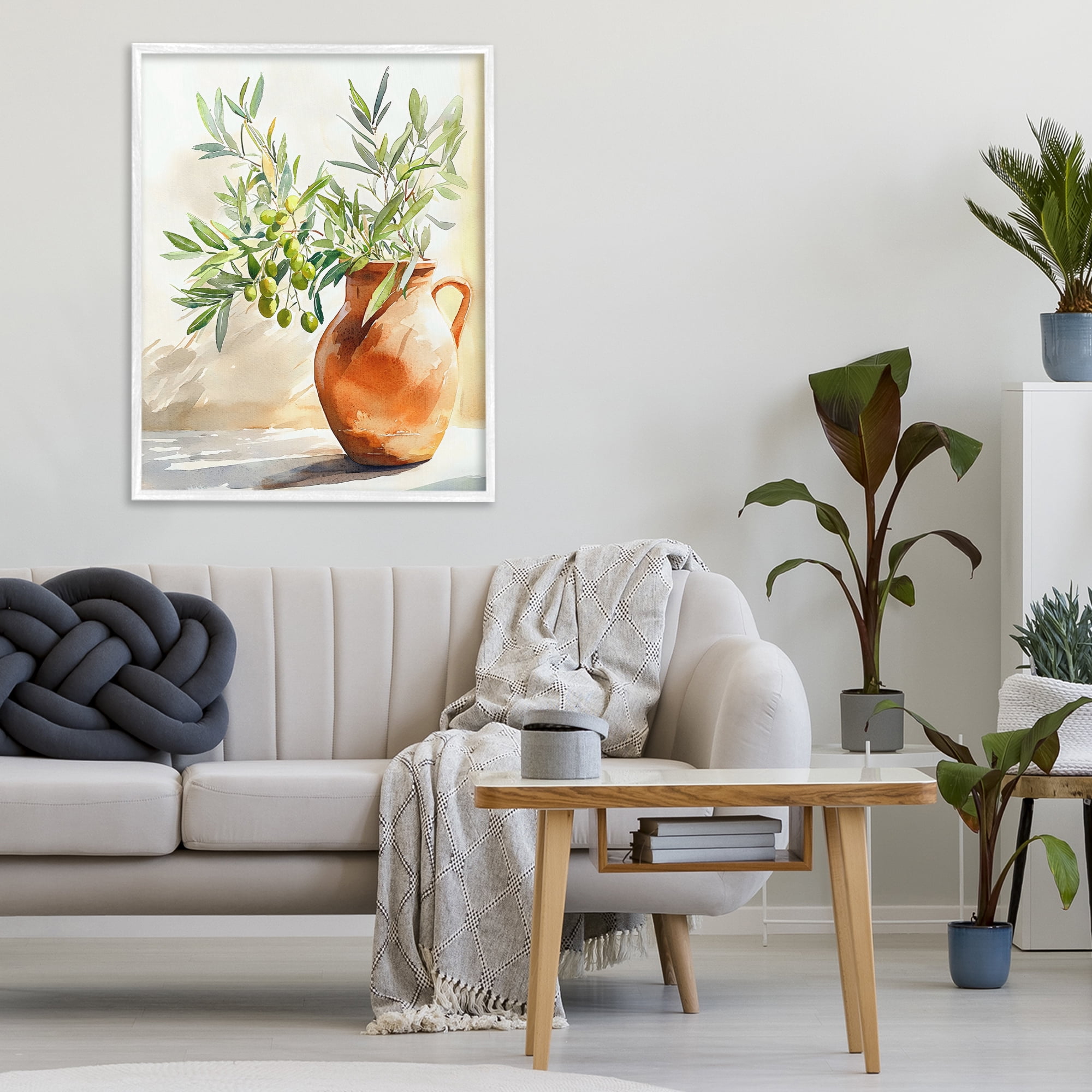 Stupell Industries Olive Branch in Terracotta Vase White Framed Giclee Art, design by LSR Design Studio