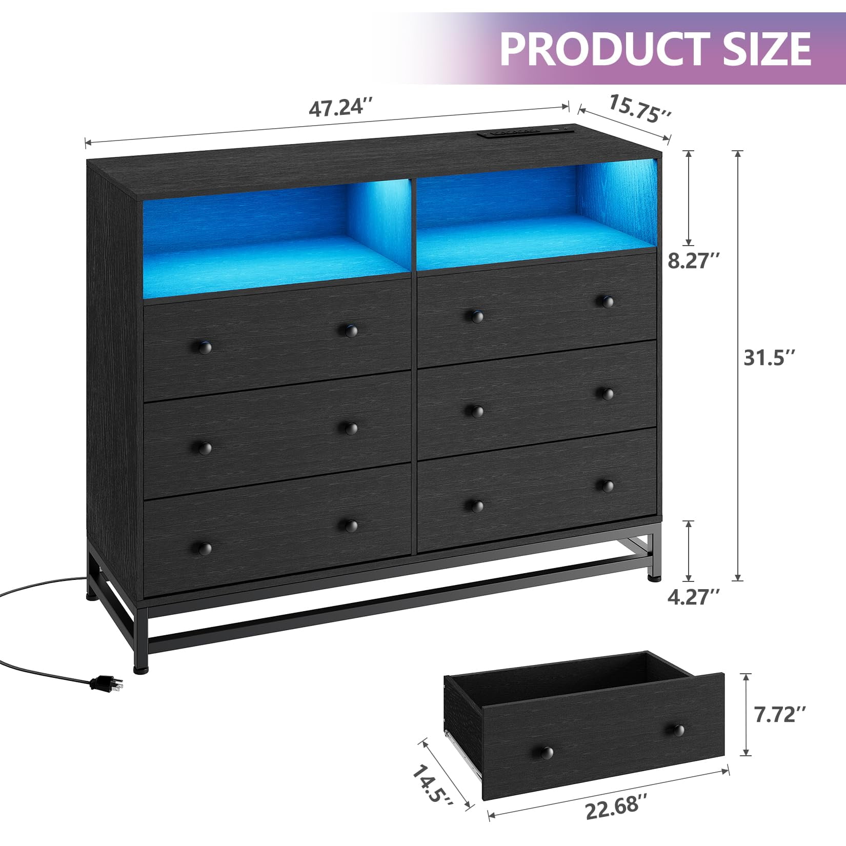 Homhougo Dresser for Bedroom 6 Drawer Black with LED Light and Power Outlet, Wooden Dressers and Chests of Drawers, Dresser Organizer for Bedroom, Living Room, Hallway, Nursery