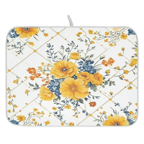 Yellow Flowers Pattern Dish Drying Mat for Kitchen, Quick Drying Absorbent Soft Durable 16" x 18"