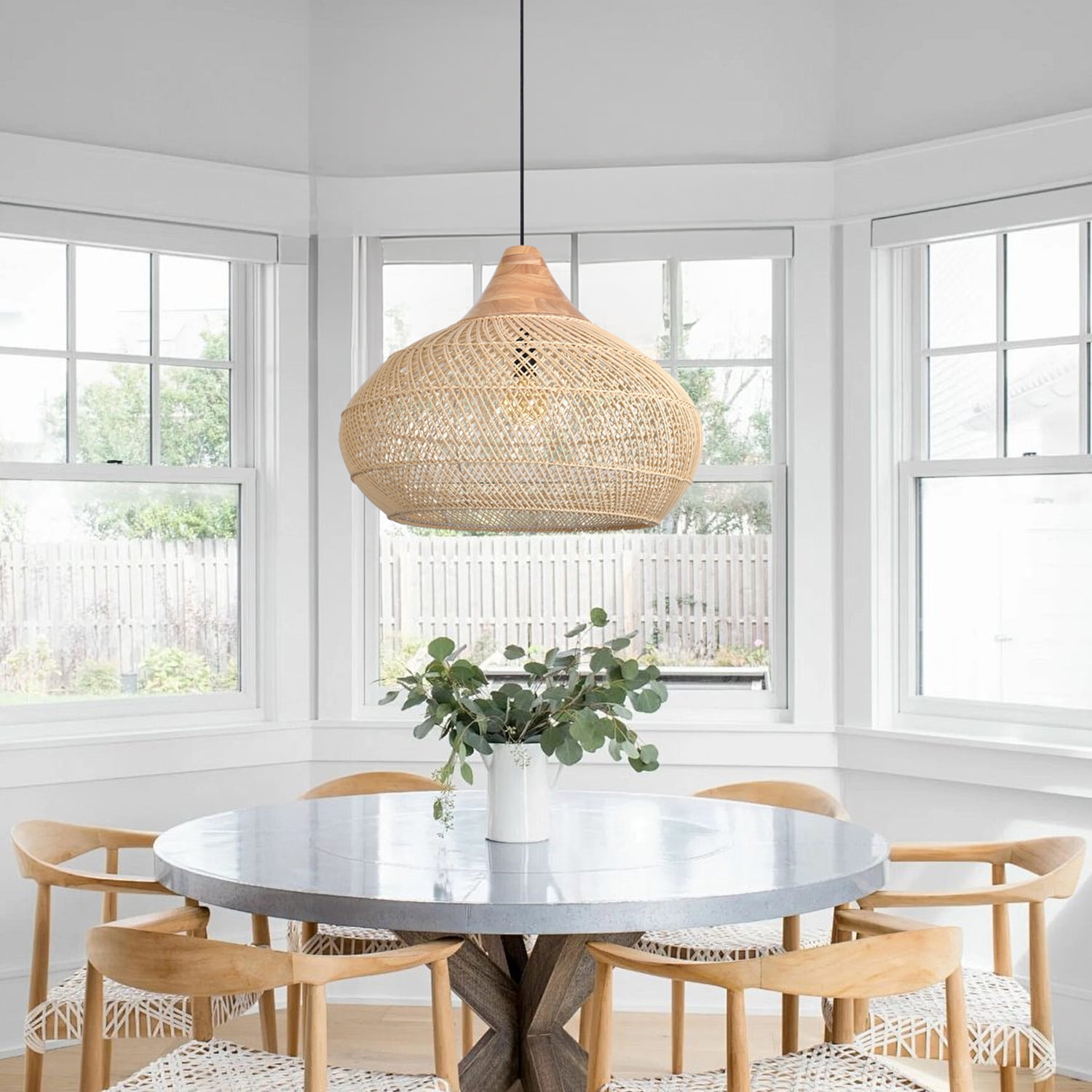 LittleGlovo Rattan Chandelier Hand-Woven Boho Pendant Light Fixtures with Solid Wood Basket Wicker Chandelier for Dining Room Kitchen Island Living Room