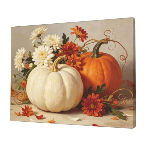 BTFSigns Vintage Pumpkin Framed Canvas Wall Art, Fall Halloween Picture, Rustic Autumn Art Print, Daisy Flower Farmhouse Still Life Oil Painting, Thanksgiving Living Room Decor, 8x12 Inch
