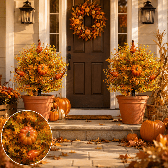Artificial Fall Pumpkin Topiary Tree, Pumpkin Tree Garden Stake with Faux Autumn Flowers, Fall Outdoor Flowers with Ground Stakes for Lawn Porch Patio Walkway Halloween Thanksgiving Decor