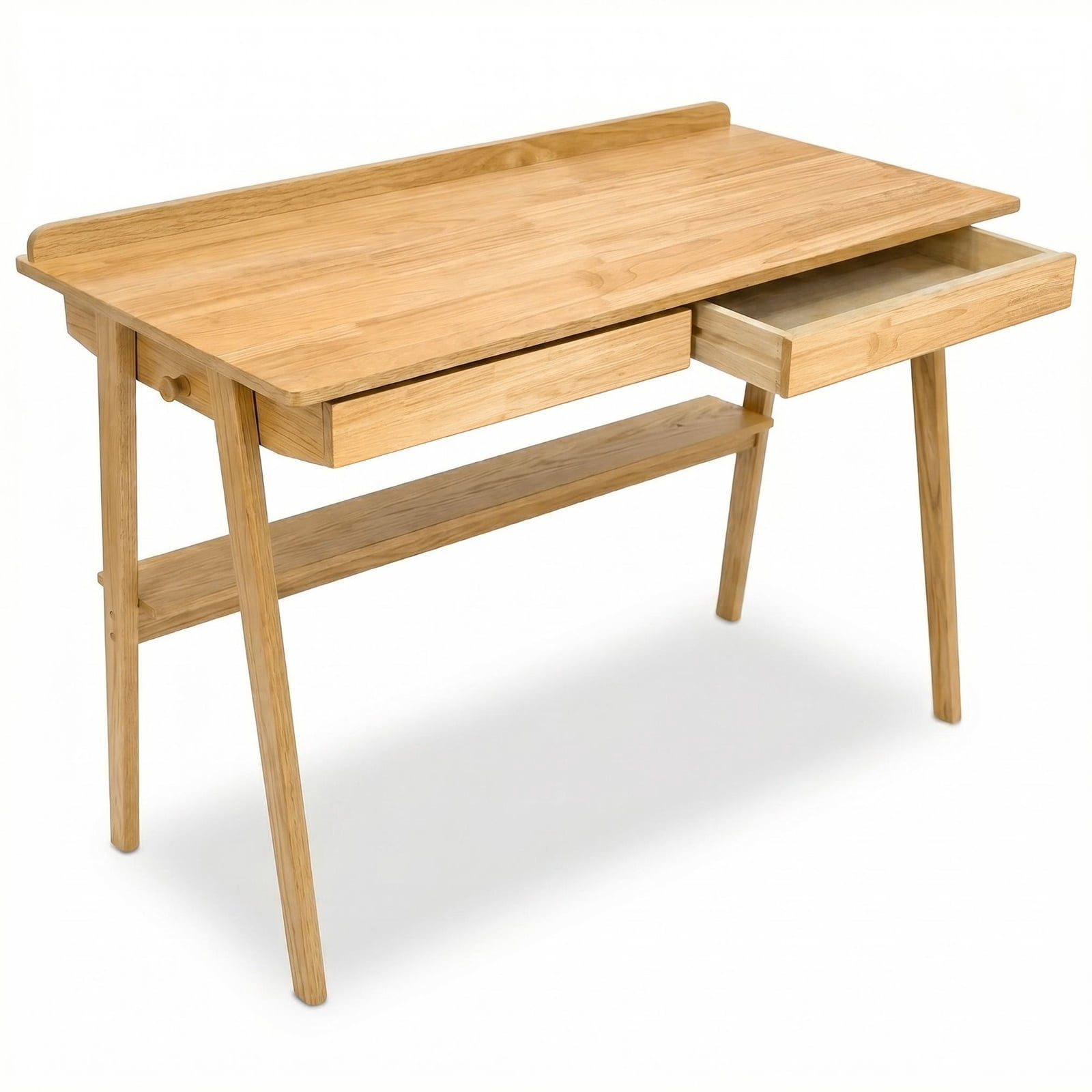 Hommoo Mid-Century Modern Solid Wood Writing Desk with 2 Drawers & Shelf, Compact Home Office Desk for Small Spaces, Study, Bedroom or Living Room, Natural