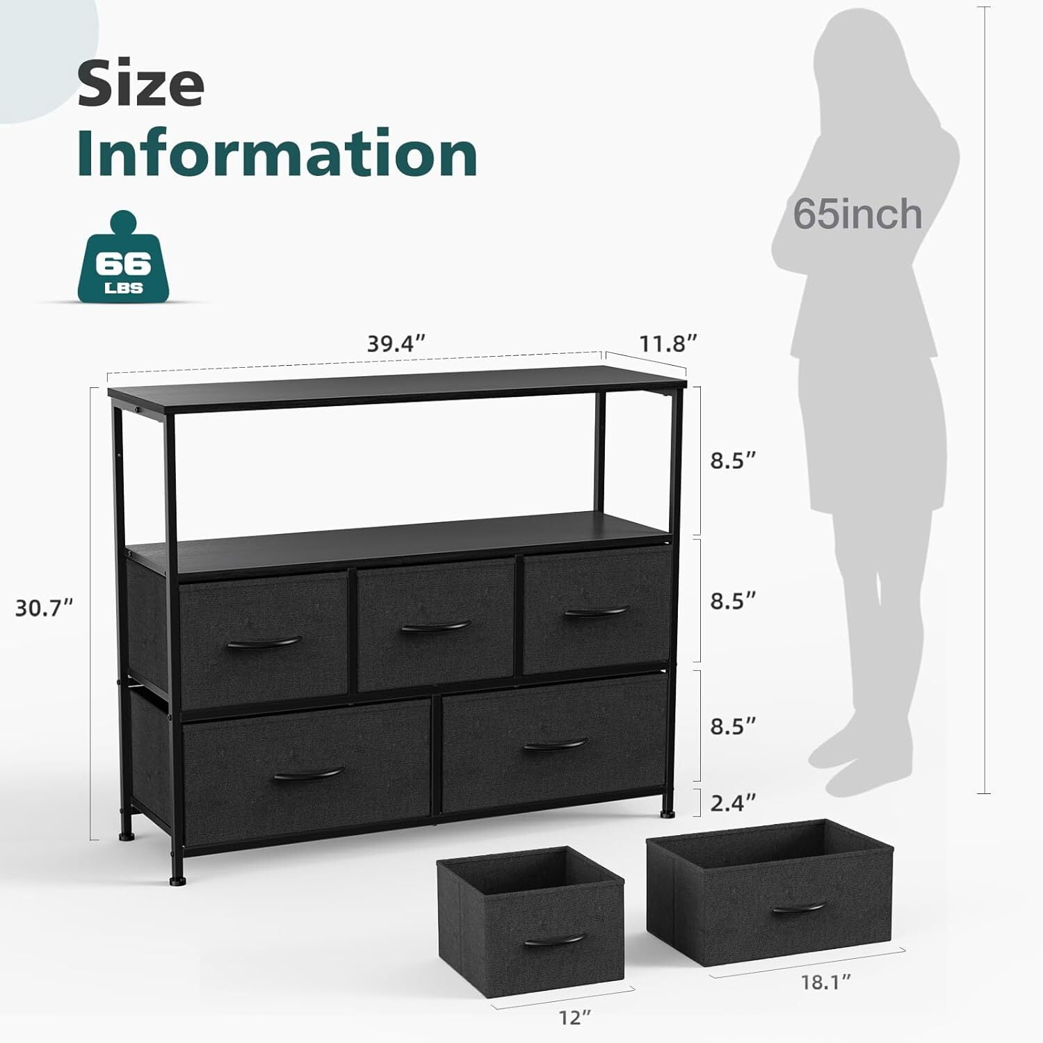 Nextay TV Stand Dresser with 5 Fabric Drawers, Small Media Console with Open Shelf for 45-Inch TV, Storage Organizer for Bedroom, Dorm, or Living Room