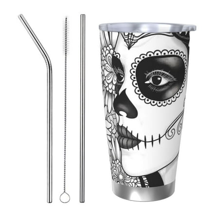 

Goofa Floral Sugar Skull Portrait for 20 oz Skinny Tumbler Stainless Steel Coffee Mug Slim Vacuum Insulated Travel Cup Car Cup-Straw Three-piece Set