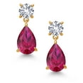 thumbnail image 2 of Gem Stone King 18K Yellow Gold Plated Silver Red Created Ruby and White Created Sapphire Teardrop Dangle Drop Earrings for Women (8.96 Cttw, Gemstone Birthstone, Pear Shape 12x8MM, Round 6MM), 2 of 4