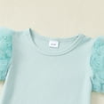 thumbnail image 5 of Kucnuzki 3T Toddler Girl Summer Outfits Shorts Sets 4T Short Mesh Puff Sleeve Pure Color Casuak Tee Top Elastic Denim Shorts 2PCS Set Green, 5 of 9