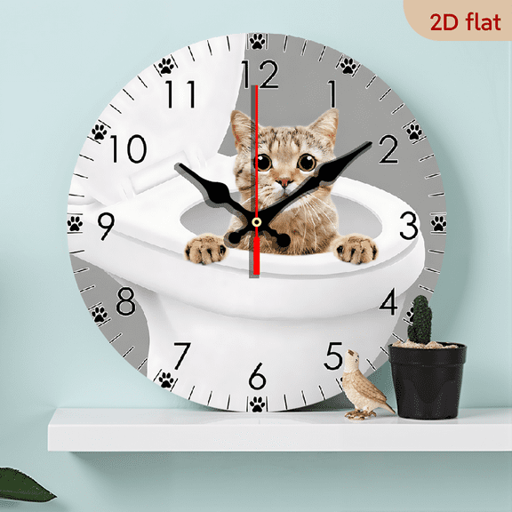2D Flat 1pc 10Inch Wooden Adorable Kitty Cat Peeking from Toilet Bathroom Wall Clock Powder Room Home Decor Cat Pet Shop Funny Wall Art Modern Wall Watch
