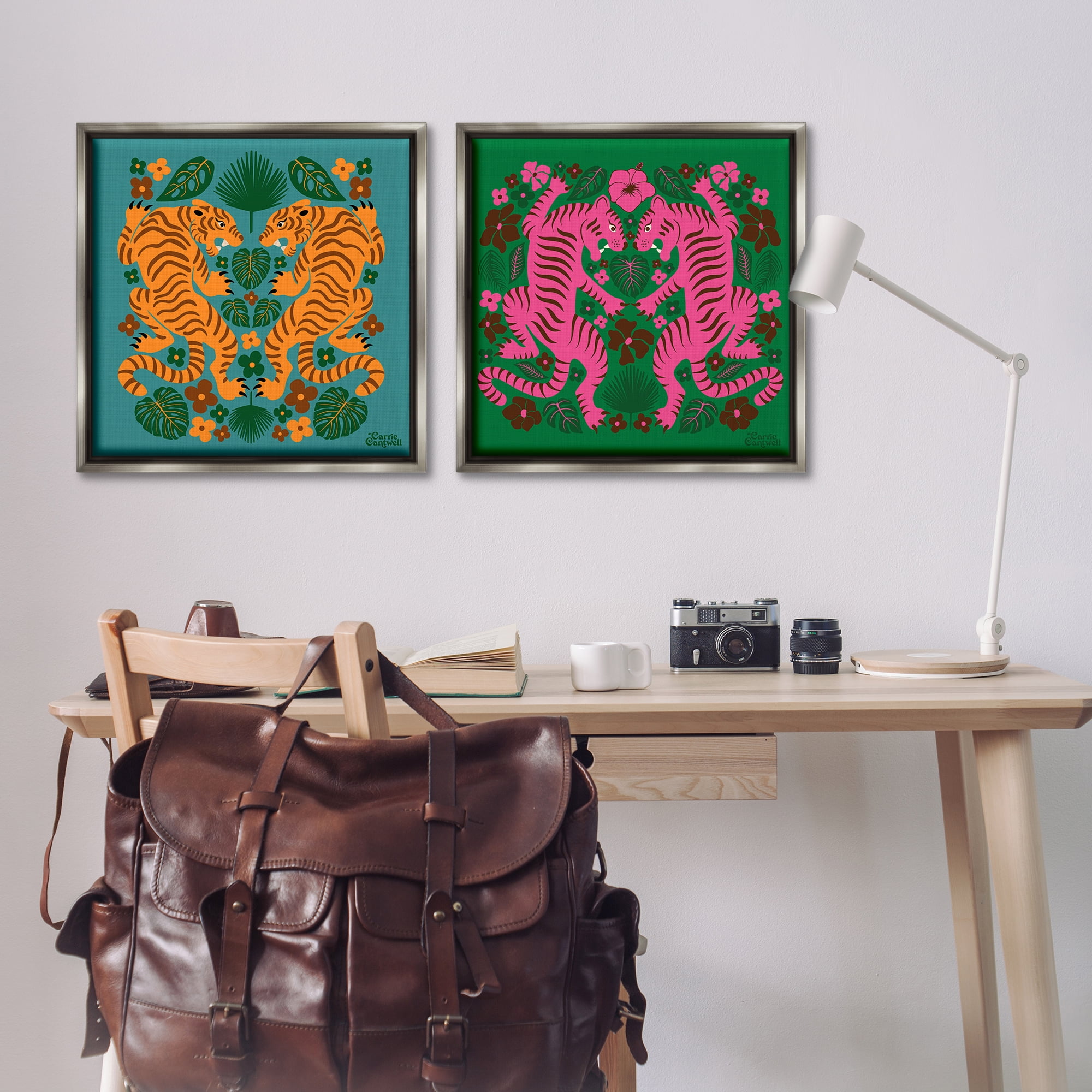 Stupell Industries Eclectic Twin Tigers Animals Painting Gray Floater Framed Canvas Art Print Wall Art, 25 x 25, Set of 2