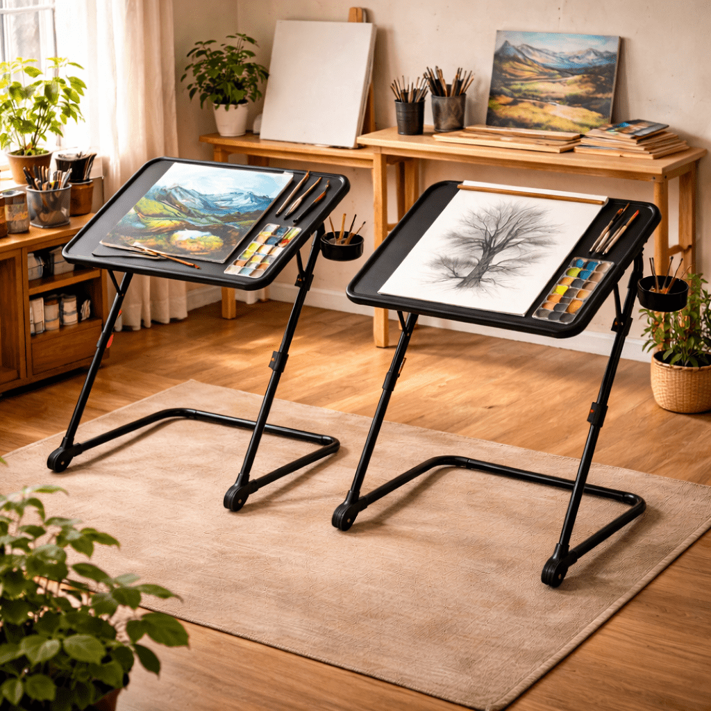 Homy Casa 2-Piece Adjustable Drafting Table Set with Wheels, Foldable Portable Tray Tables with Tilting Desktop, Cup Holder and Locking Casters, Black