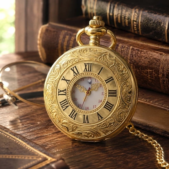 Vintage Pocket Watch, Roman Numeral Quartz piece, Classic Black Pocket Clock With Chain for Men Women Formal Events Collection