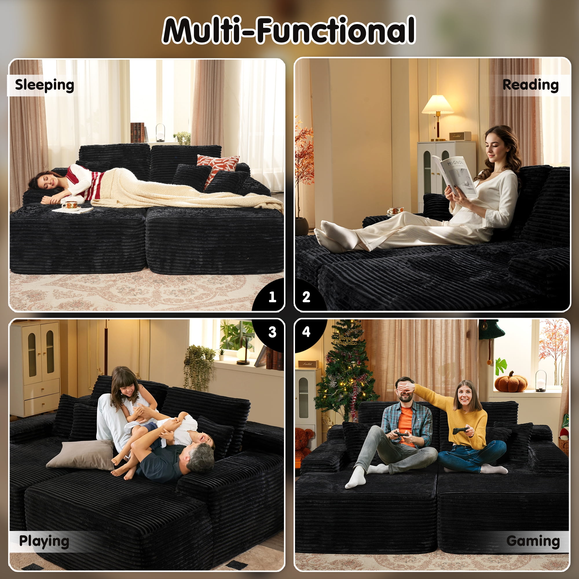 Vcatnet 81" Modular Sectional Sofa Couch Corduroy Chaise Lounge Loveseat Sofa Bed Oversized Upholstered Sleeper Sofa for Living Room and Bedroom, Black