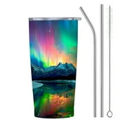 JEUXUS Aurora Borealis Mountain Lake 20oz Car Tumbler with Straw, 304 Stainless Steel Environmental Protection and Health 20oz