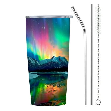 JEUXUS Aurora Borealis Mountain Lake 20oz Car Tumbler with Straw, 304 Stainless Steel Environmental Protection and Health 20oz