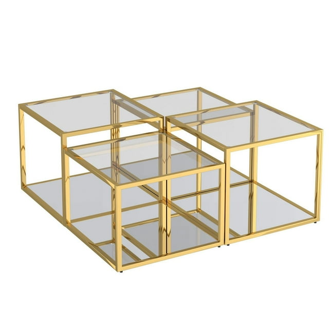 Contemporary set of four gold metal frame coffee tables with clear glass tops, designed in a multi-tier arrangement.