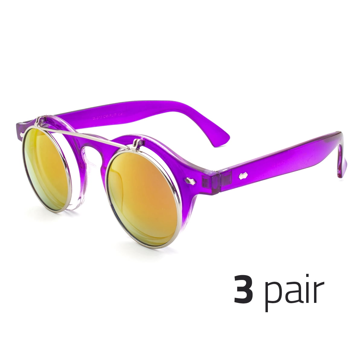 3 Pair Cool Flip Up Lens Steampunk Vintage Retro Style Round Sunglasses