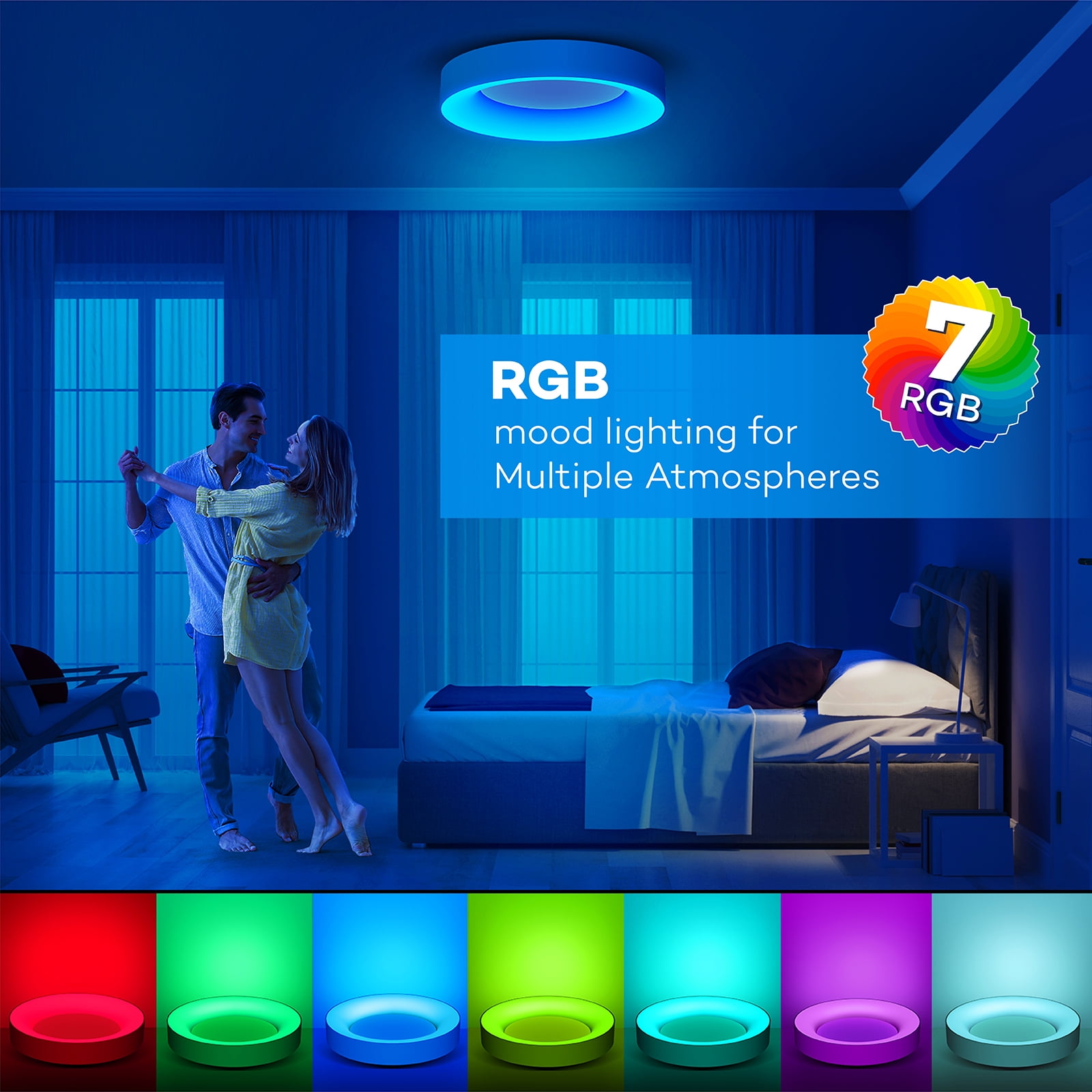 Annaror 11'' RGB Flush Mount Ceiling Light with Remote Control, 24W 2400LM Dimmable Ceiling Light Fixture, 3000K-6500K Modern Low Profile Ceiling Lights for Bedroom Kids Room, White