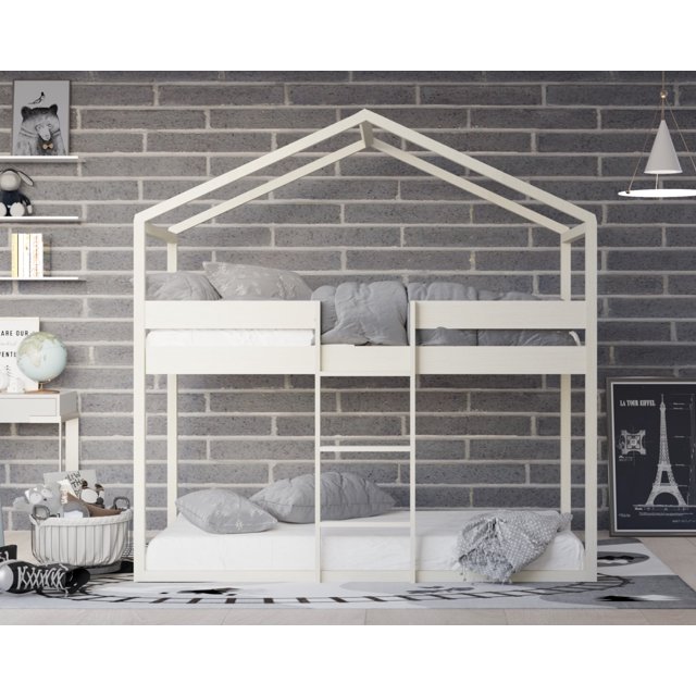 HMD Pasco Simple Over Simple Solid Wood House Loft B Frame Box, Antique Blanc