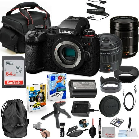 Panasonic Lumix G9 II Mirrorless Camera with 12-60mm f/2.8-4 & 45mm f/2.8 Lens Bundle   Accessory Kit with 64GB Memory, Grip Tripod, Carry Case, Editing Software Package & More (32 Items)