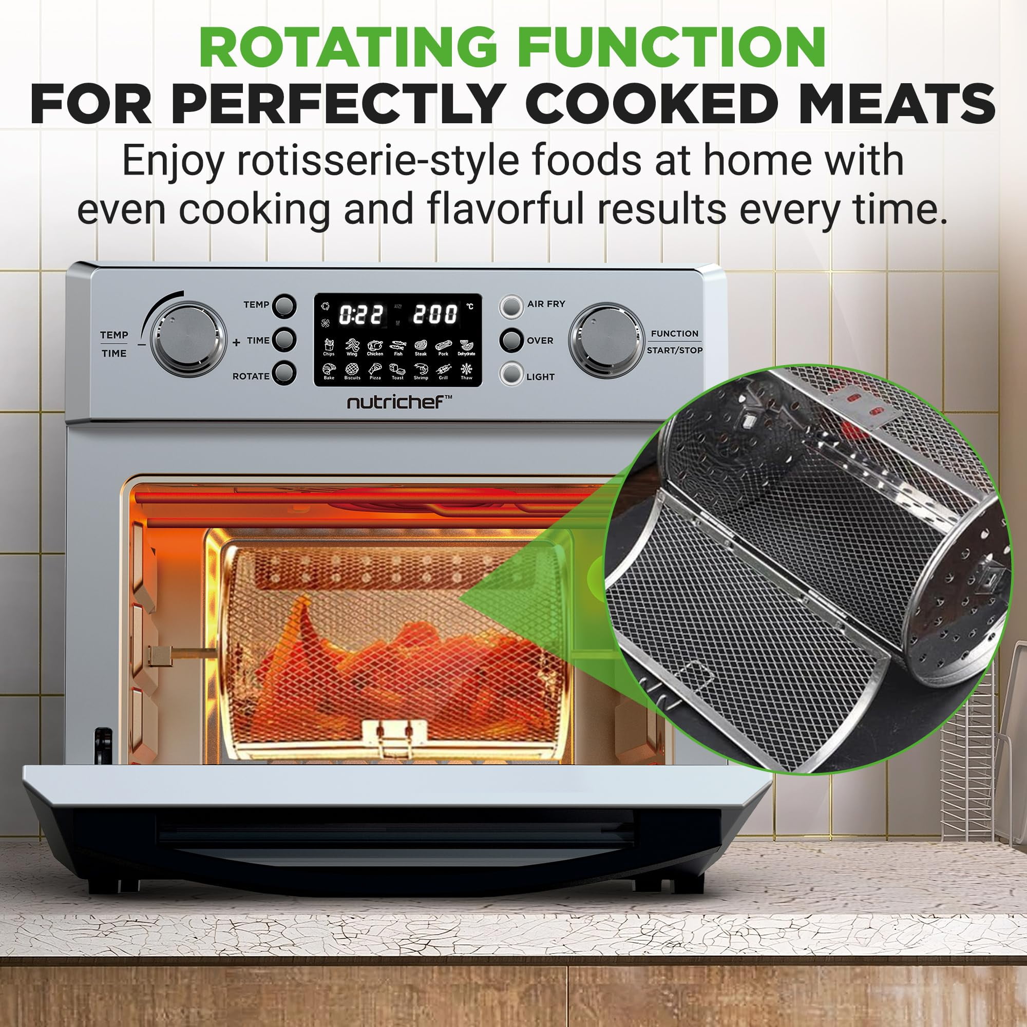 NutriChef 26L Electric Air Fryer Oven | 1700W Countertop Rotisserie & Air Fryer | 360° Rotating Feature | 10 Digital Menu Presets | Includes Drip Tray, Air Frying Basket & Bake Rack 15x16x14 (Silver)