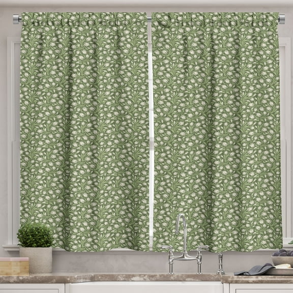 Ambesonne Floral Kitchen Curtains, Retro Blossoms Ivy Leaves, 55"x45", Reseda Green Eggshell
