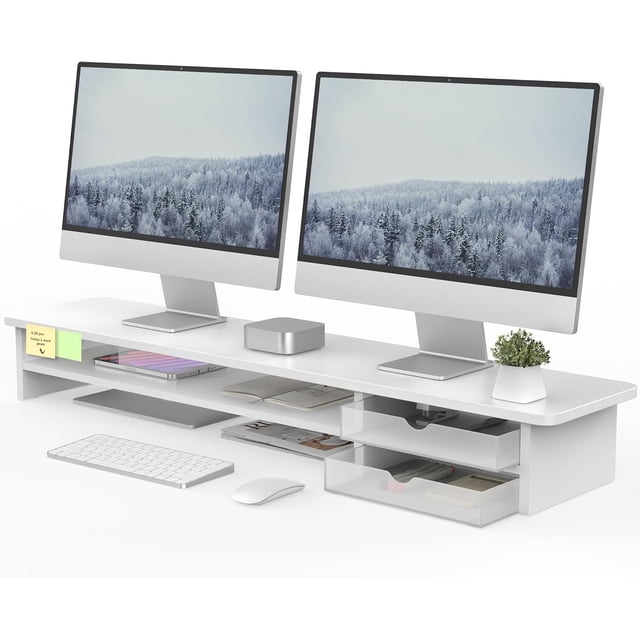Support Surélevé Double pour Moniteur avec Tiroirs, Organisateur de Bureau en Bois et Acrylique pour Ordinateur Portable, Imprimante, Écran de Télé, Surélevé