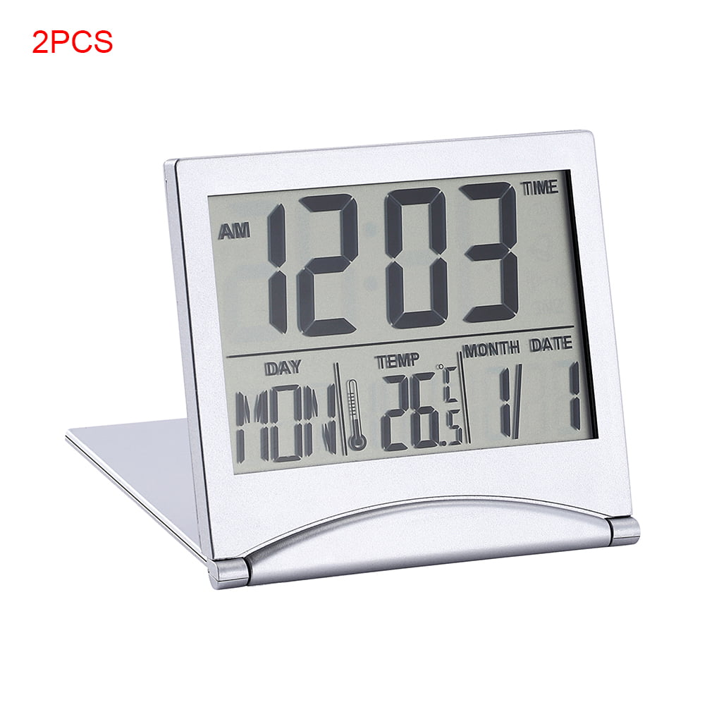 Silver Foldable Battery Desktop Calendar Temperature Digital Alarm Clock DI 