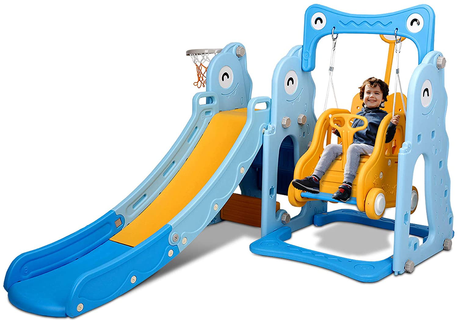 Toddler Climber and Swing Set Stock in UK Kids Playset with Music Machine and Shoot Blue Kids Freestanding Climber Playground Children Activity Center for Indoor & Backyard