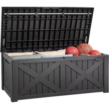 150 Gallon Large Deck Box with X-Shaped Front, Resin Outdoor Storage Boxes, Waterproof Cushion Storage Bench for Patio, Pool Supplies, Garden Tools - Lockable, Dark Gray