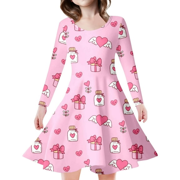 Gunia Flower Girl Dress Bow Pink Heart Printed Long Sleeve Sweet Holiday Dress For Toddler Kids 4-5 Years