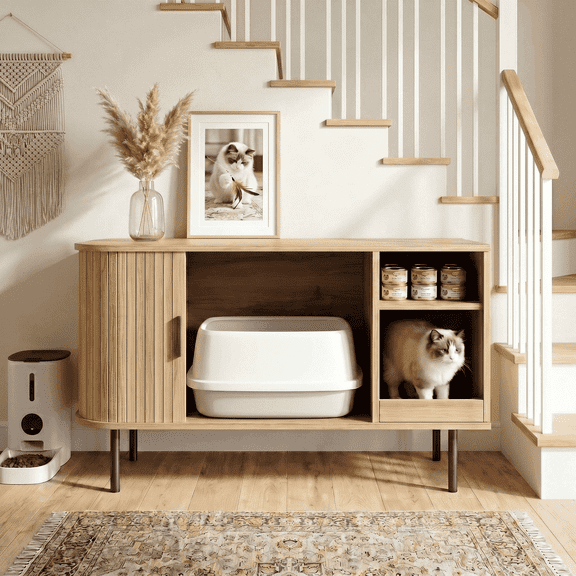 Naipo 37.4" Cat Litter Box Enclosure Furniture,Tambor Sliding Door Hidden Litter Box Cabinet with Urine-Proof&Collecting Mat,Natrual