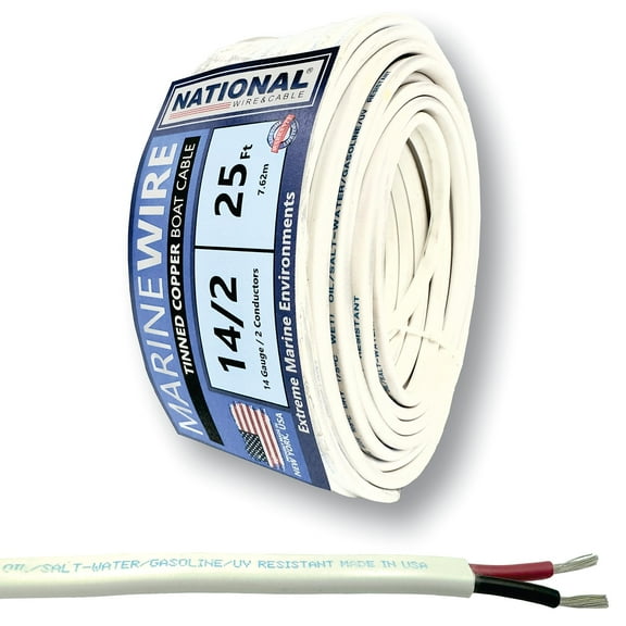 NATIONAL Wire&Cable - 14 Gauge 2 Conductor Marine Wire - 25 Ft - Made in USA - Tinned Copper Duplex Boat Wire