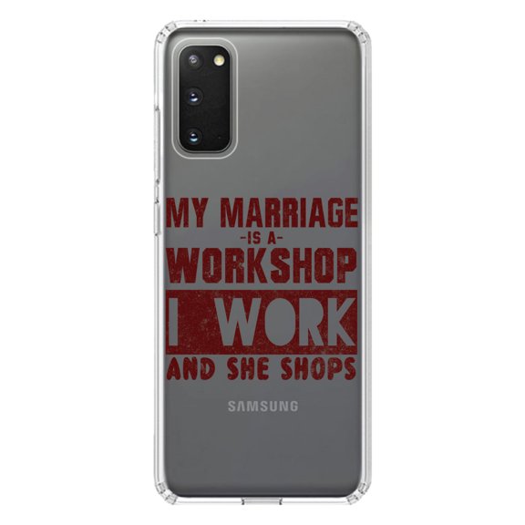 DistinctInk Clear Shockproof Hybrid Case for Galaxy S20 ULTRA / 5G (6.9" Screen) - TPU Bumper Acrylic Back Tempered Glass Screen Protector - Marriage is Workshop - I Work She Shops