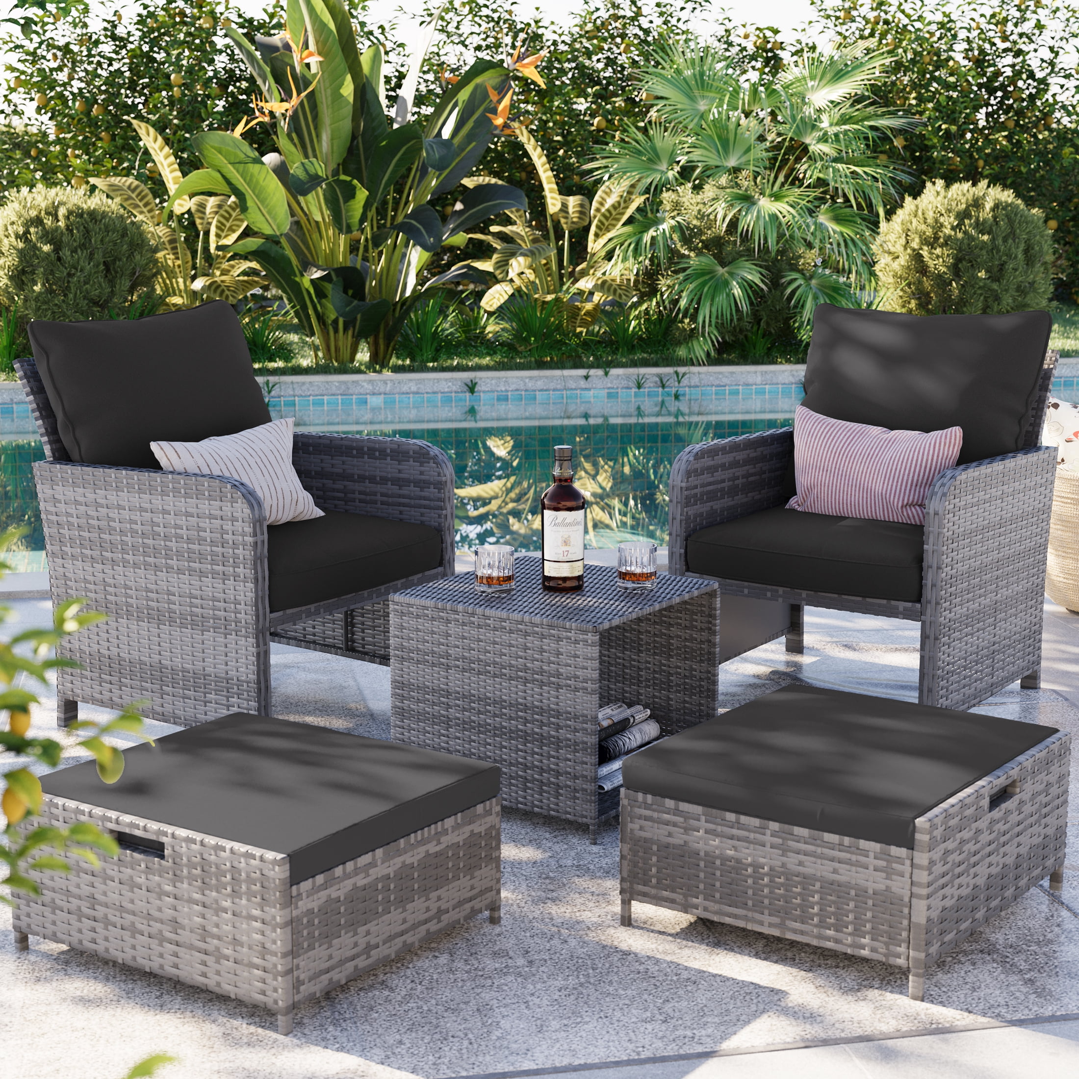 Poteban Gray Rattan Outdoor Seating 5-Piece Set,Outdoor Patio Chair with Ottoman for Front Porch Deck,Wicker Lounge Chair with Side Table, Black