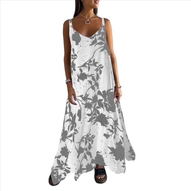 Vestido Maxi de Verano para Mujer, con Tirantes Finos, Sin Mangas, Cuello en V, Estilo Bohemio, Floral, para Vacaciones, Gris, Talla L