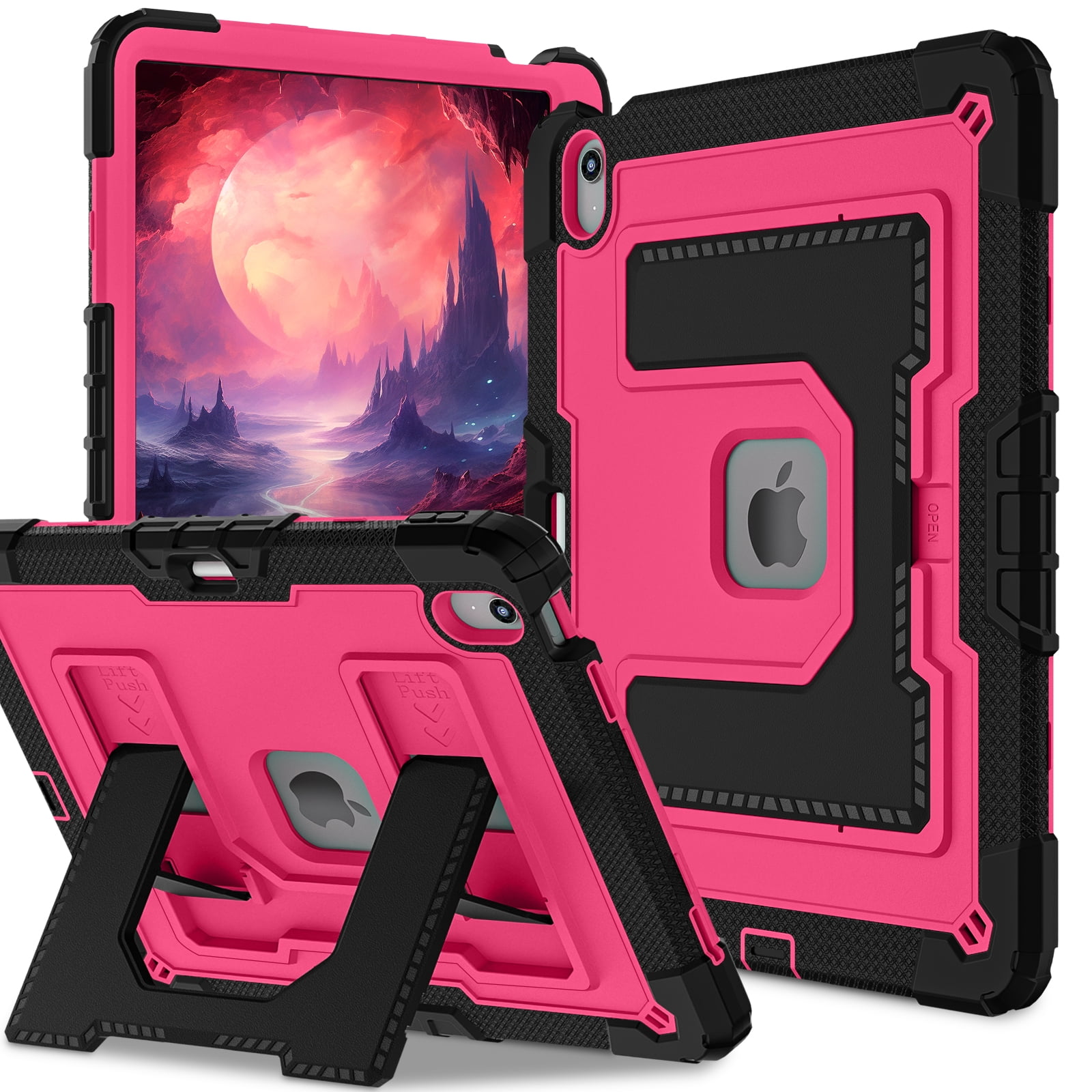 ELEHOLD 3-Layer Rugged Case For Apple iPad Air 13‑inch (M4) 2026, Heavy Duty Shockproof Logo Visible Foldable Kickstand Drop Protection Cover with Pencil Holder + Shoulder Strap, Black+Rose