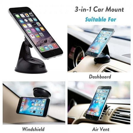 Encust Universal 3 in 1 Dashboard/Windshield/Air Vent Magnetic Car Mount Phone Holder for iPhone SE 6/Plus 5s/ 5c/5, Samsung Galaxy Edge S7 S6, HTC Nexus 6 5 And Other Cell Phones (Lifetime