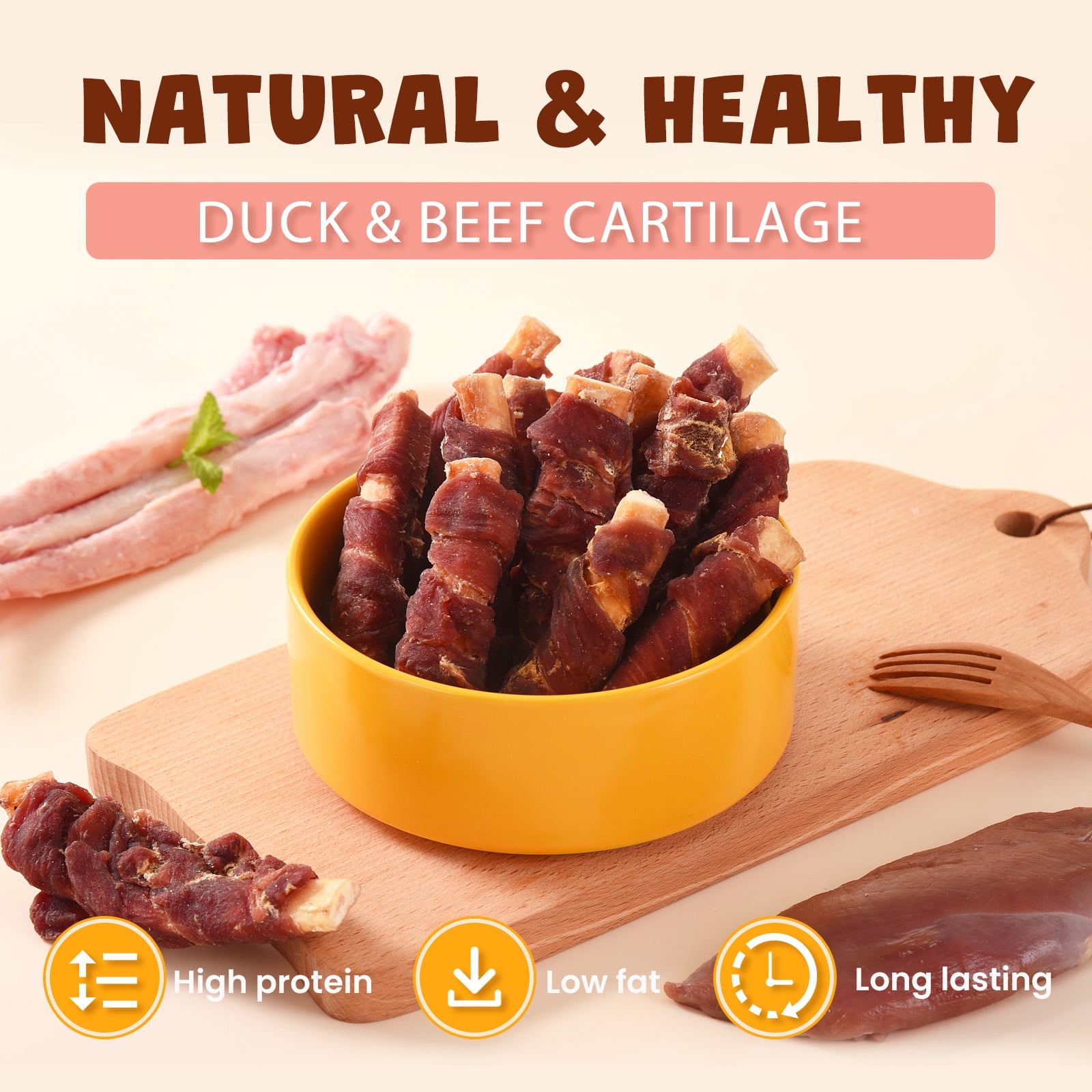 (2 pack) ASMPET Duck Wrapped Beef Cartilage Dog Treats, Dental Chewy Dog Soft Bone for Small, Medium, Large Dogs (10.6OZ, No Rawhide)