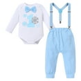 thumbnail image 2 of IBTOM CASTLE Toddler Baby Boy Winter Snowflake 1st Birthday Outfits Set Long Sleeve Romper Long Pants Suspenders Crown Fall Winter Clothes for Cake Smash Photo Props 1 Year Blue & 4pcs, 2 of 8