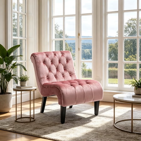 AUU Modern Velvet Armless Accent Chair Upholstered Button Tufted Leisure Chair with Wooden Legs for Bedroom Living Room Office